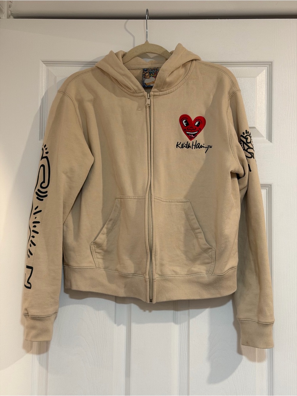 Keith Haring Heart Zip-Up Hoodie in Beige